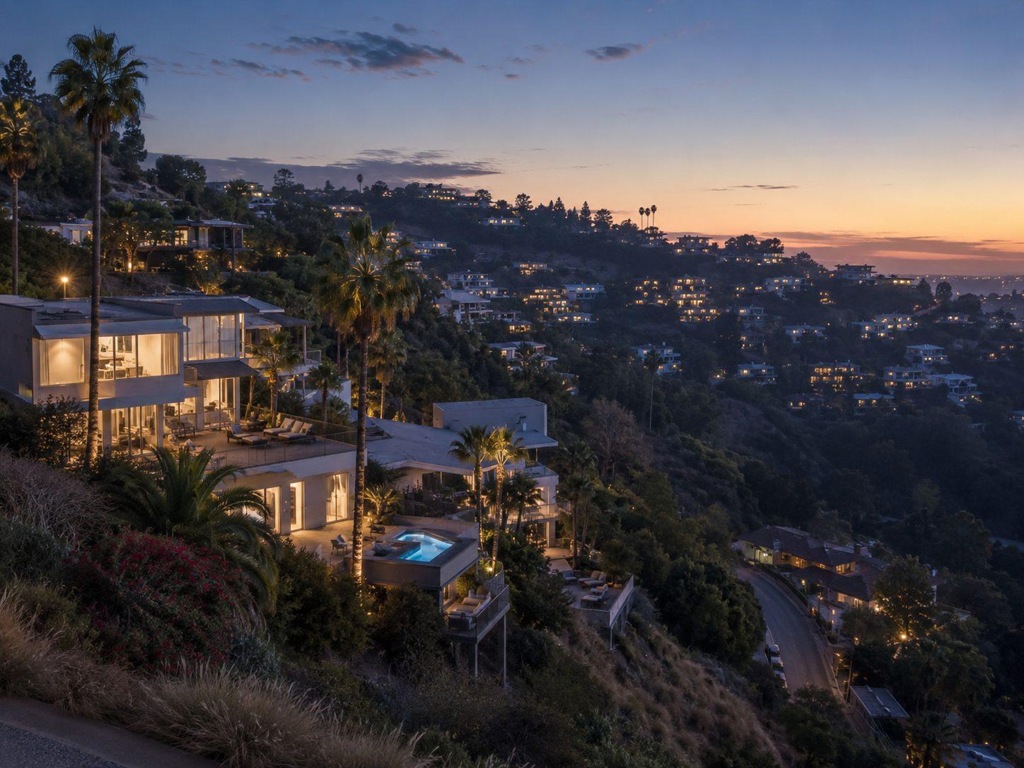 Los Angeles hillside residential neighbourhood at dusk