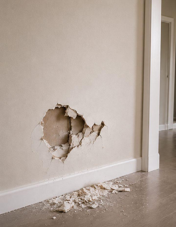 Damaged interior wall before work was carried out