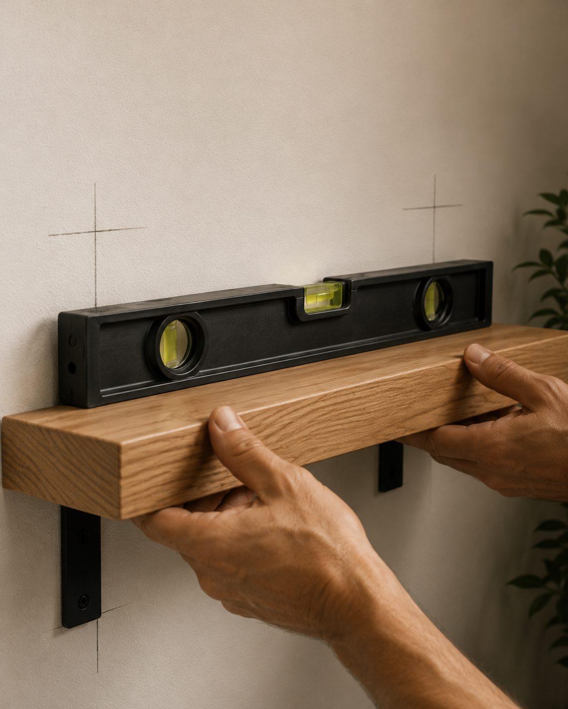A spirit level resting on an oak shelf being mounted to a wall