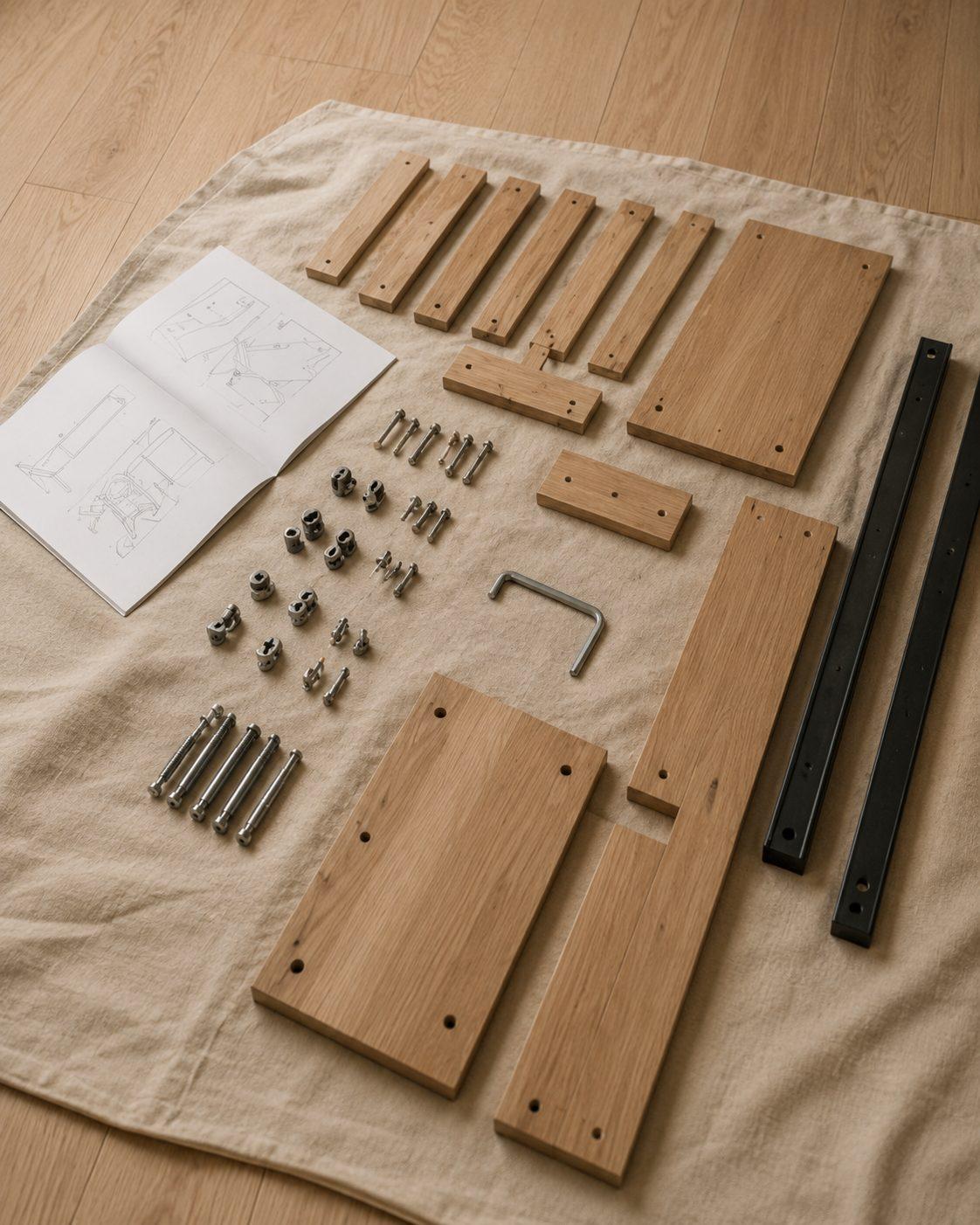 Flat pack components and fixings laid out on a drop cloth