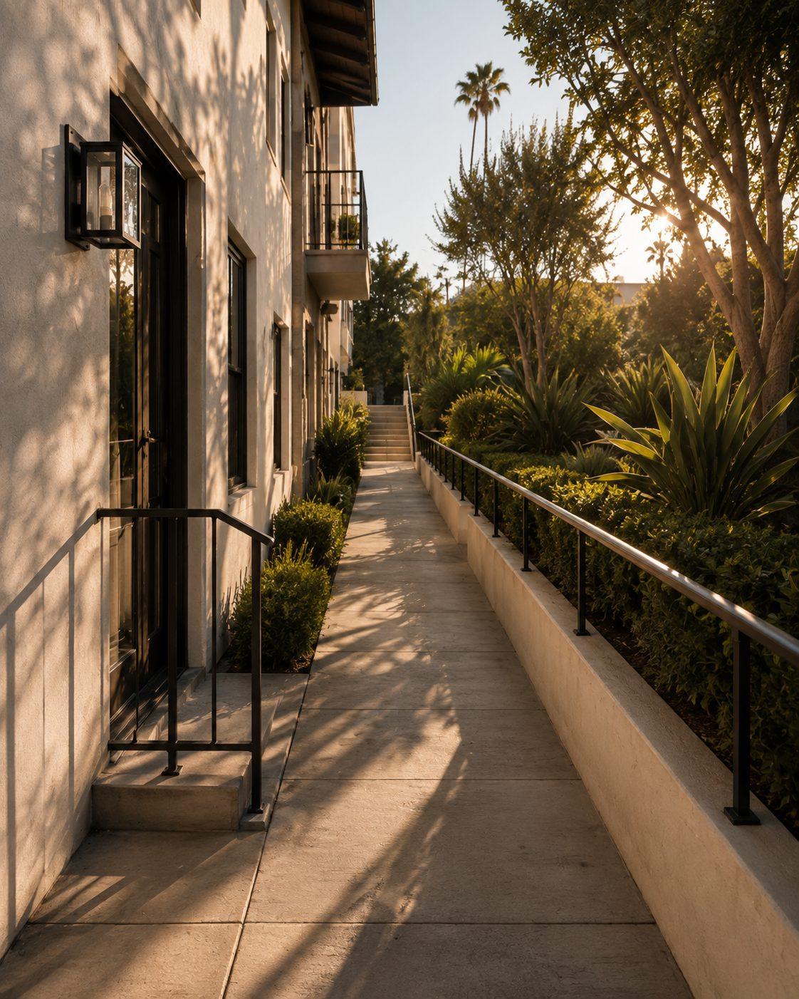 Exterior walkway of a well kept Los Angeles residential building at golden hour